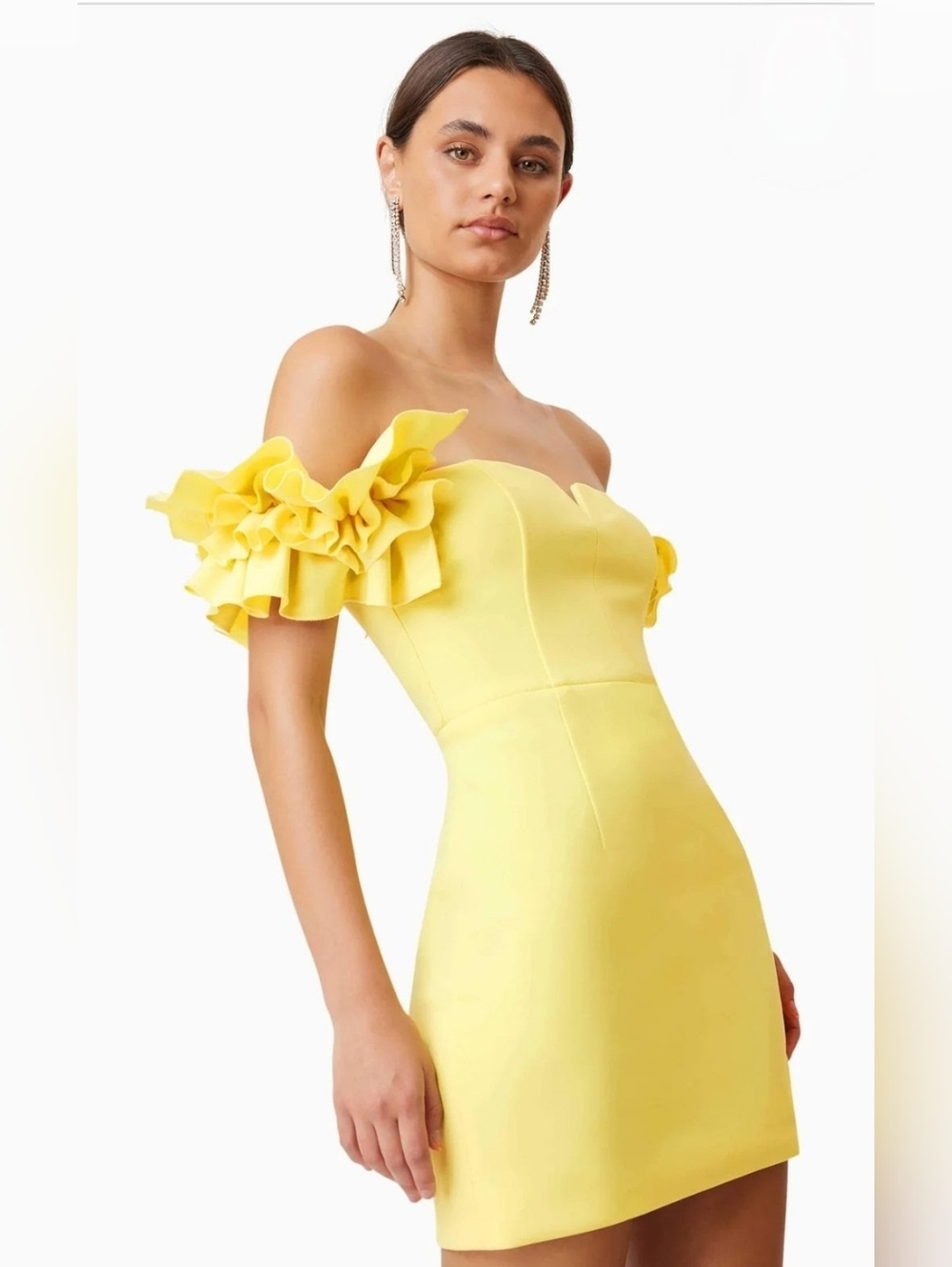 Elliatt Bright Yellow Off-the-Shoulder Mini Dress with Floral Sleeve Detail - Picture 5 of 9